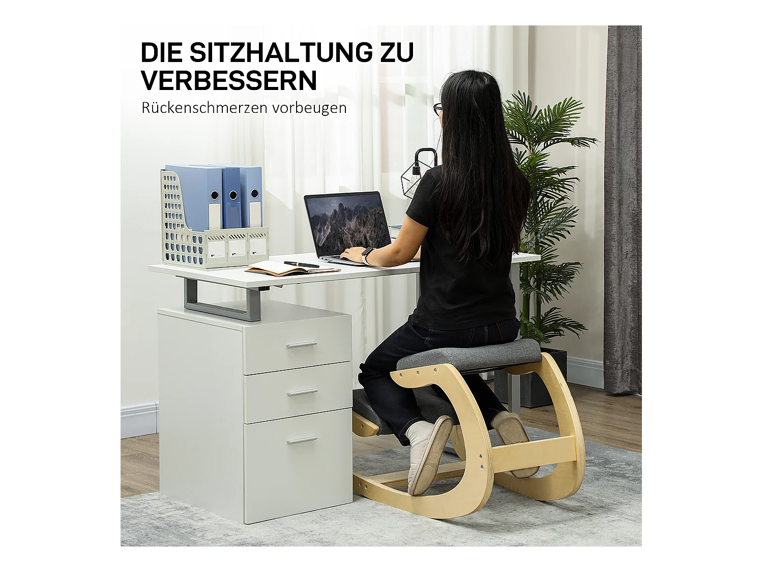 Siège ergonomique à genoux, avec fonction basculante, bois, gris (54.5x85x54 cm)