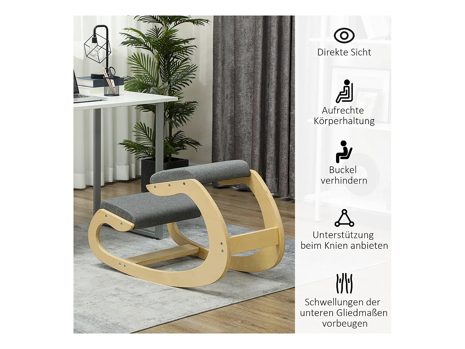 Siège ergonomique à genoux, avec fonction basculante, bois, gris (54.5x85x54 cm)