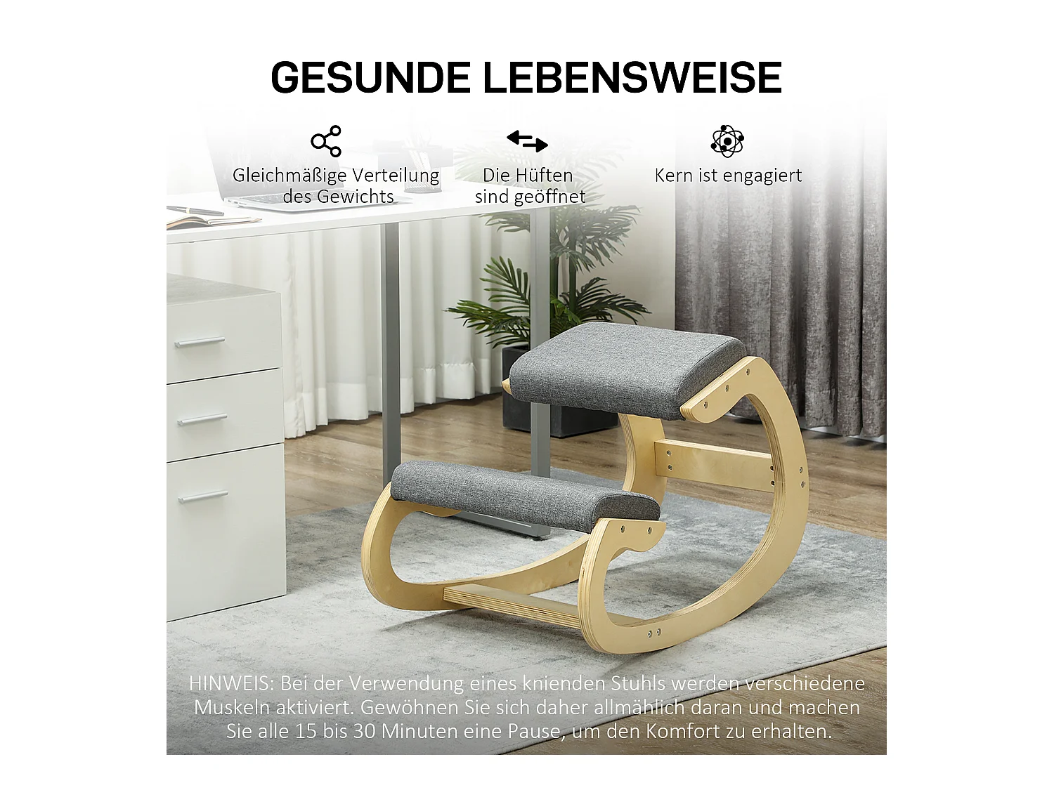 Siège ergonomique à genoux, avec fonction basculante, bois, gris (54.5x85x54 cm)