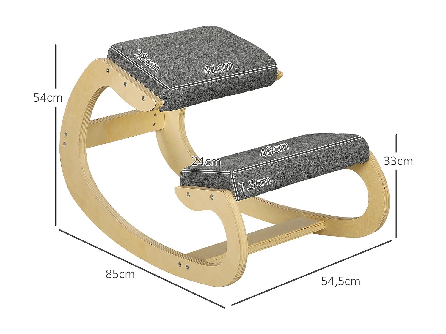 Siège ergonomique à genoux, avec fonction basculante, bois, gris (54.5x85x54 cm)