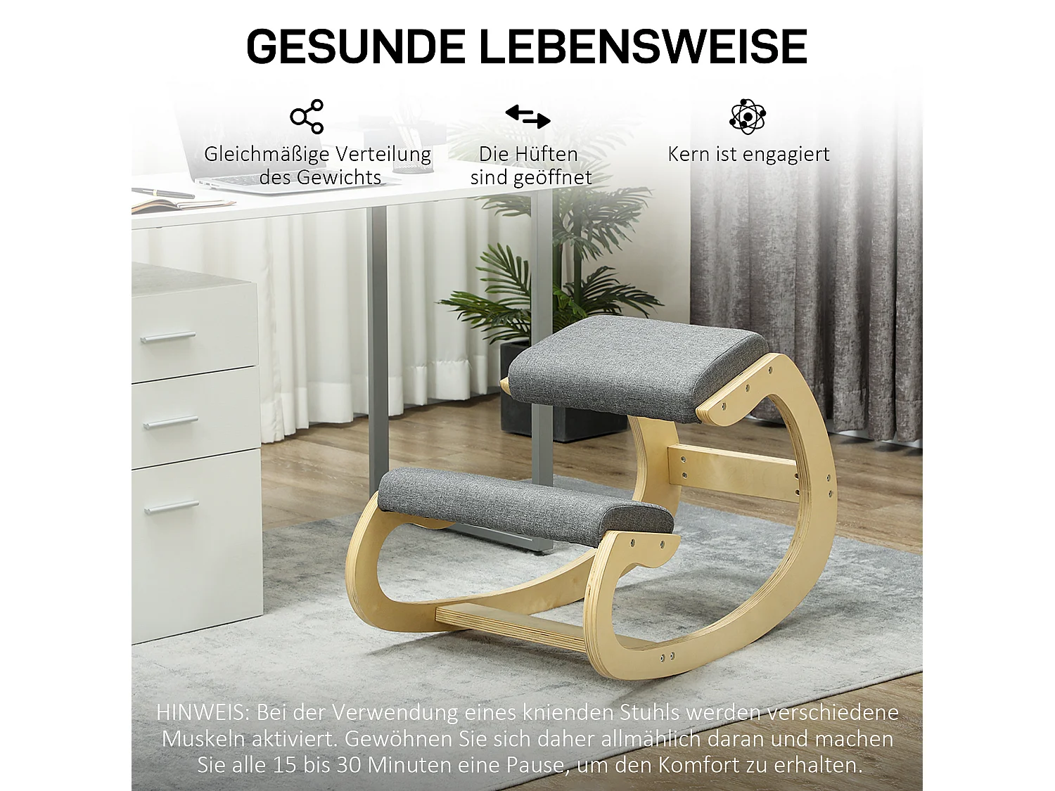 Siège ergonomique à genoux, avec fonction basculante, bois, gris (54.5x85x54 cm)