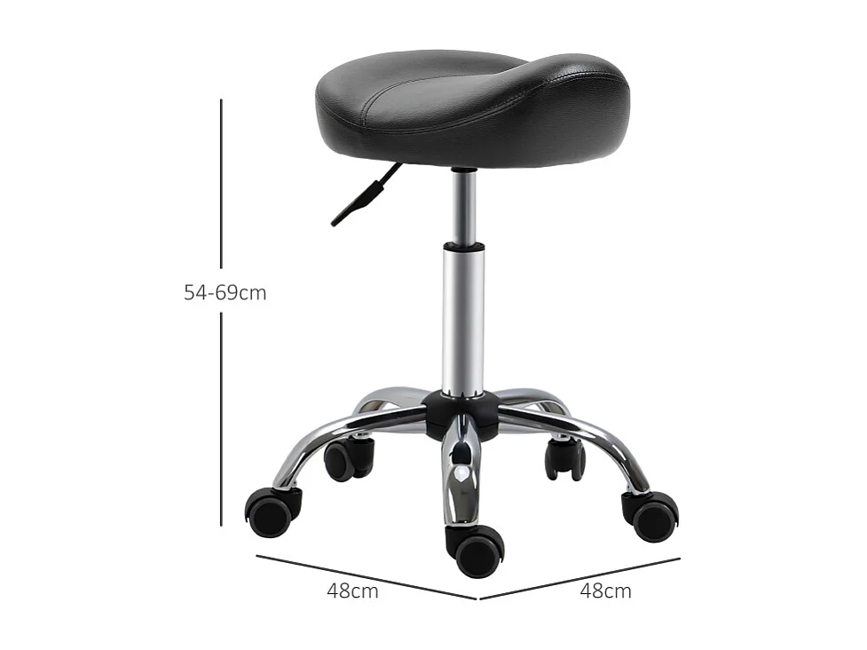 Tabouret de travail roulant, hauteur réglable, en simili cuir, noir (48x48x54-69 cm)