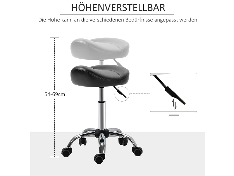 Tabouret de travail roulant, hauteur réglable, en simili cuir, noir (48x48x54-69 cm)