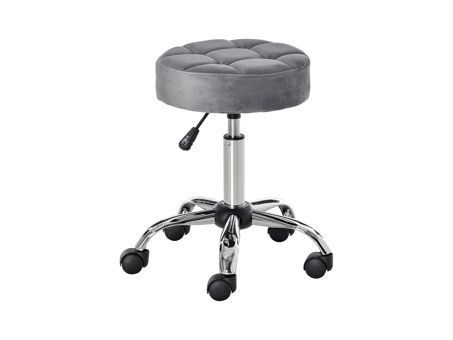 Tabouret de salon avec roulettes, réglable en hauteur, velours, base chromée, gris (35x35x49-61 cm)