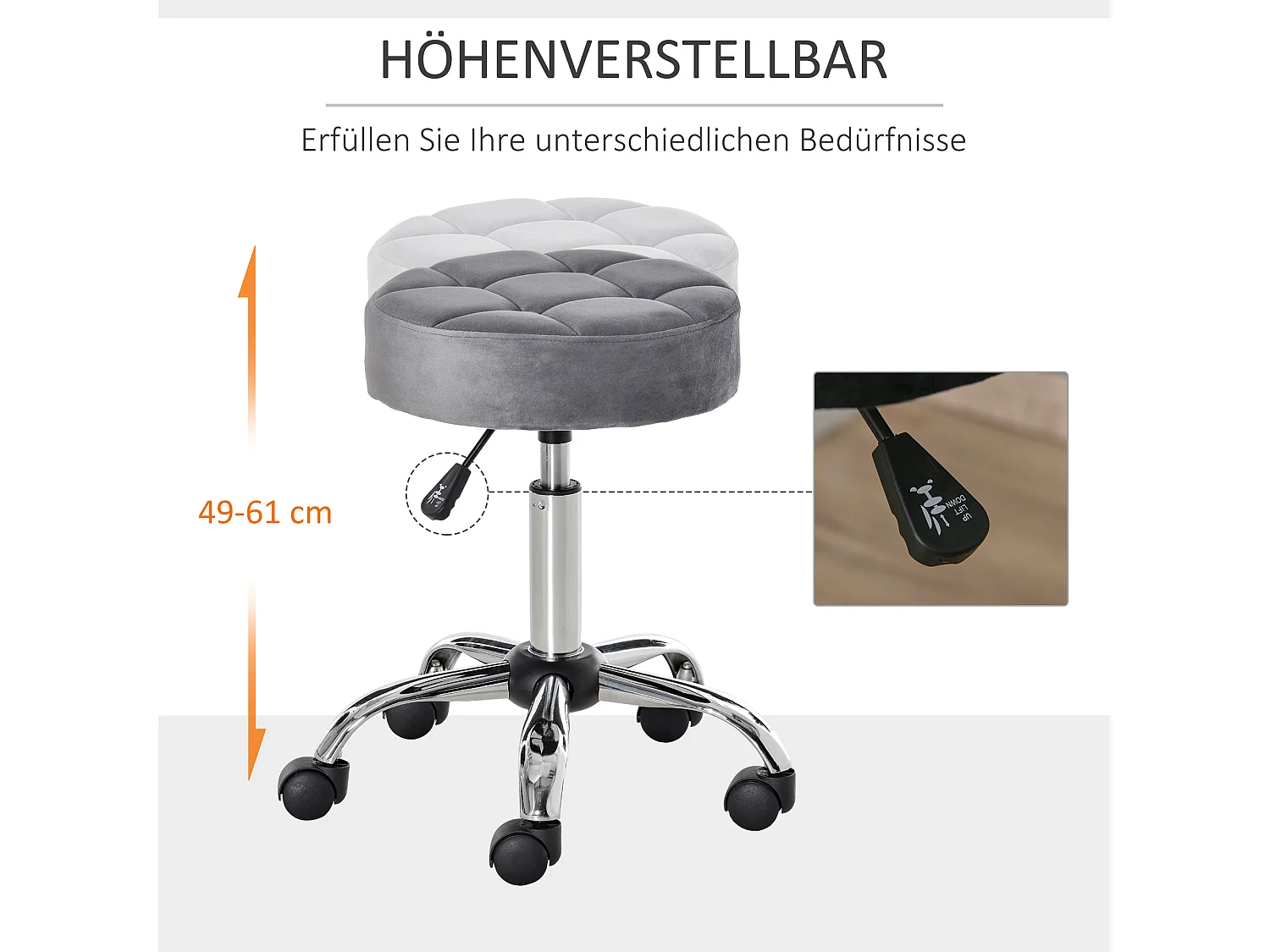 Tabouret de salon avec roulettes, réglable en hauteur, velours, base chromée, gris (35x35x49-61 cm)