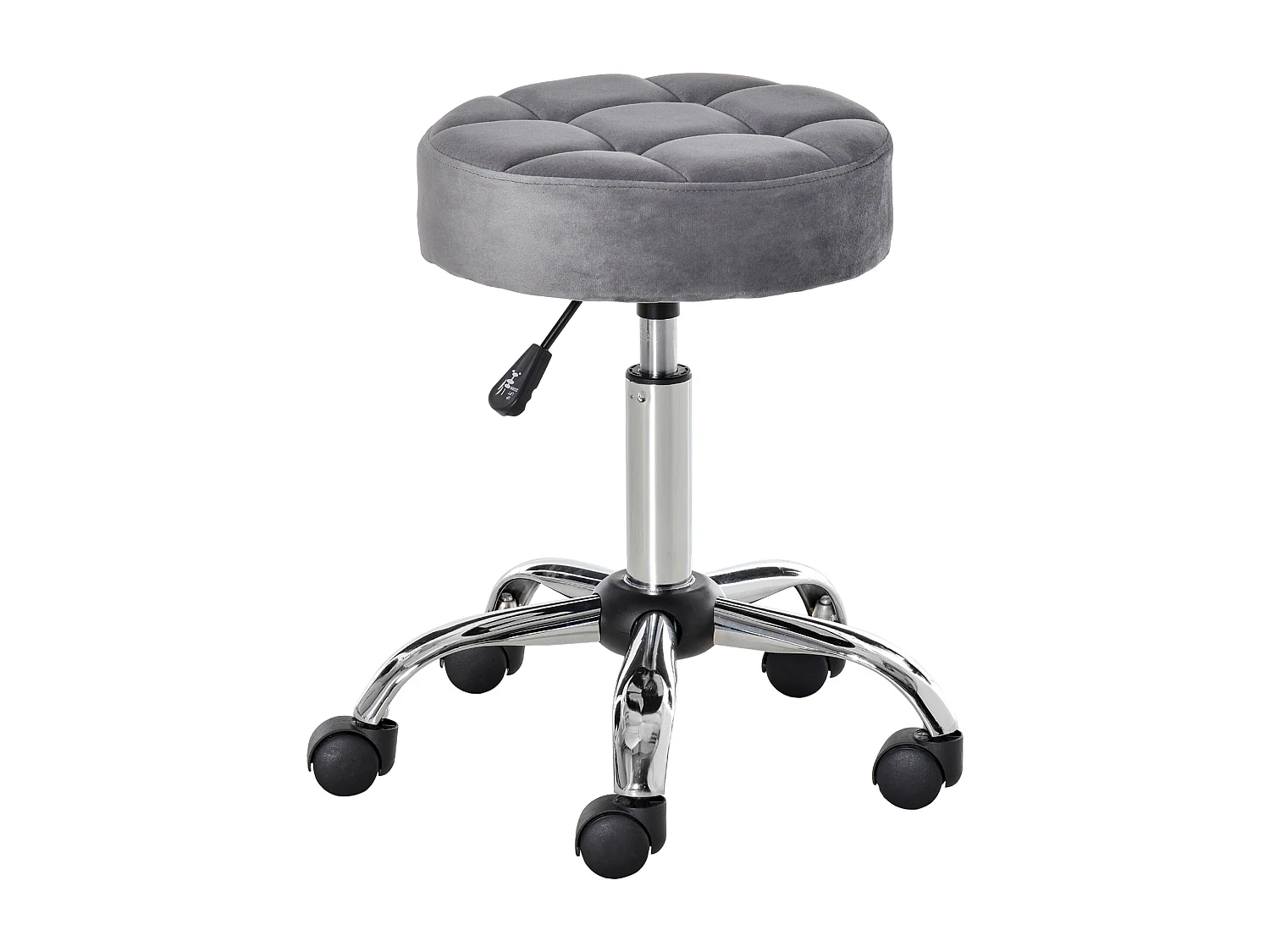 Tabouret de salon avec roulettes, réglable en hauteur, velours, base chromée, gris (35x35x49-61 cm)