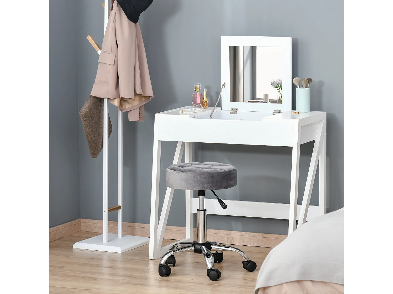 Tabouret de salon avec roulettes, réglable en hauteur, velours, base chromée, gris (35x35x49-61 cm)