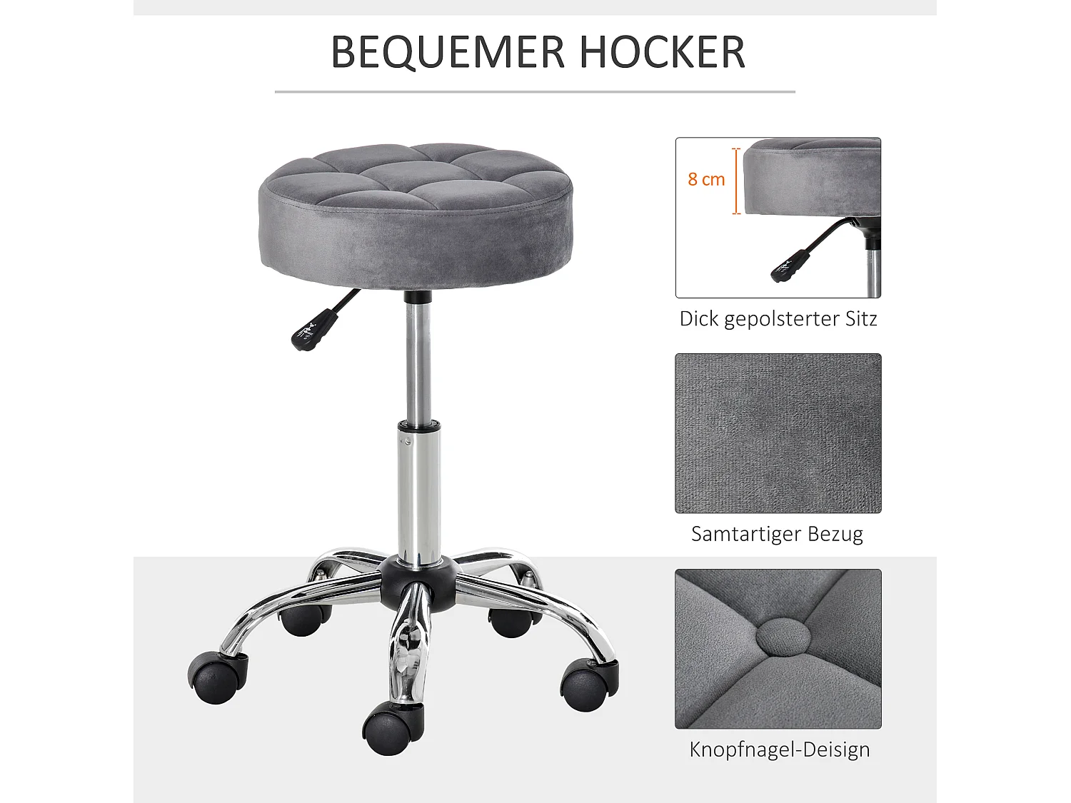 Tabouret de salon avec roulettes, réglable en hauteur, velours, base chromée, gris (35x35x49-61 cm)