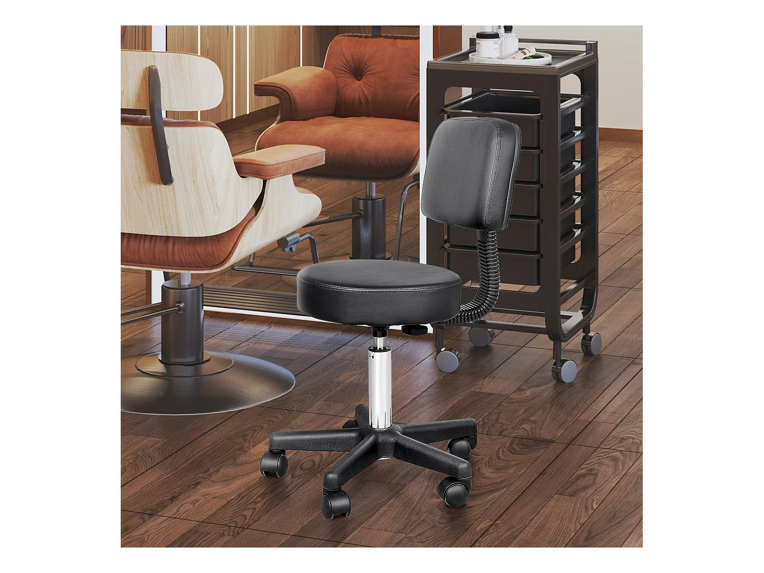 Tabouret à roulettes réglable en hauteur, simili cuir, noir, mobilité et confort (35x35x84cm)