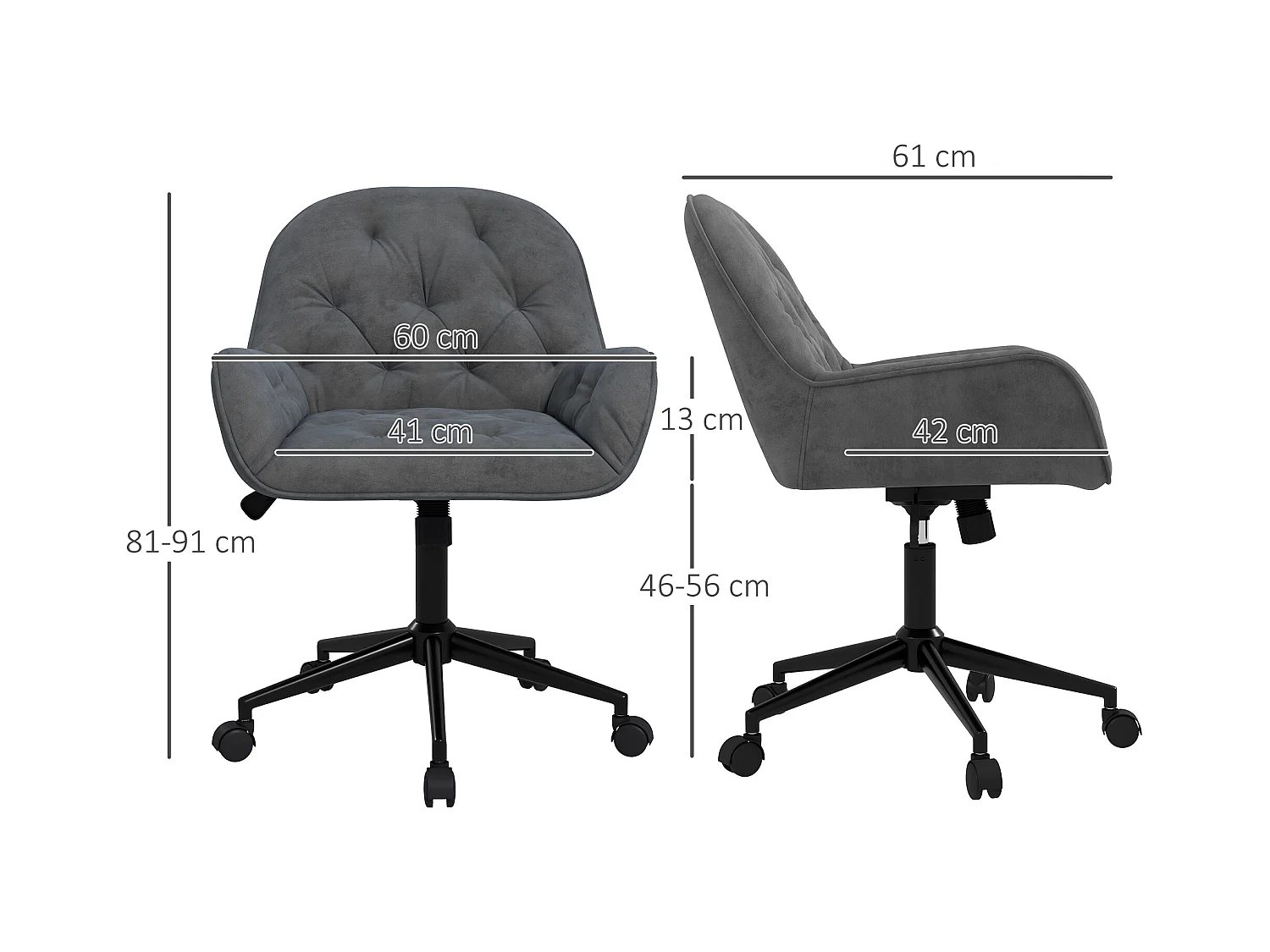 Ergonomische draaistoel, fluwelen stof, grijs, in hoogte verstelbaar (60x61x91 cm)