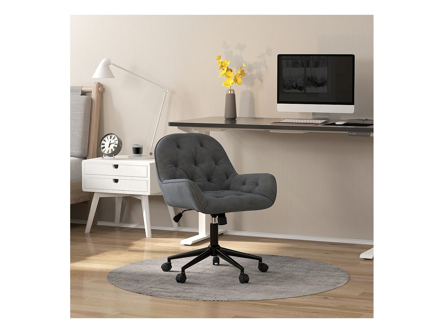 Chaise pivotante ergonomique, tissu velours, gris, réglable en hauteur (60x61x91 cm)