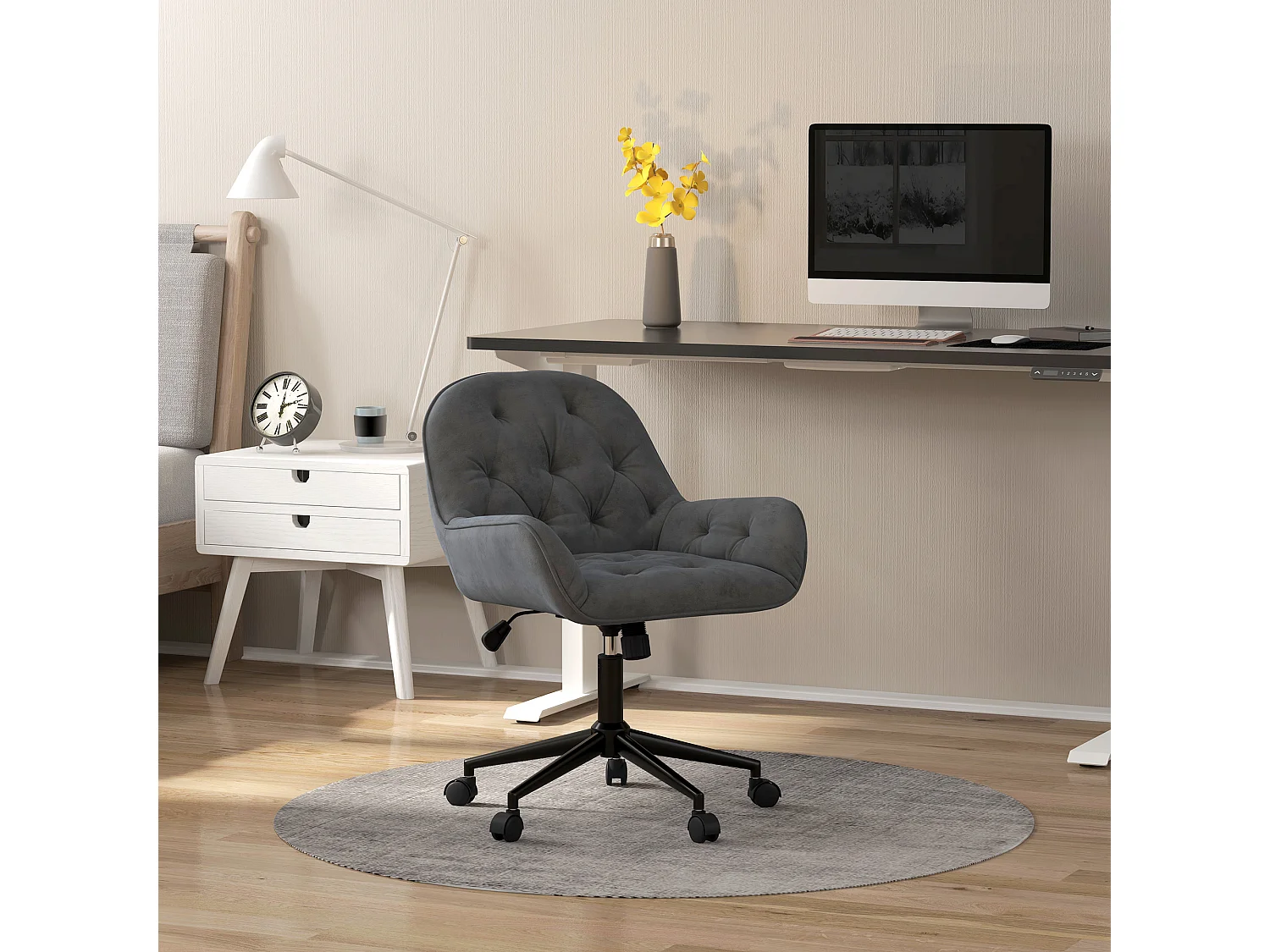 Chaise pivotante ergonomique, tissu velours, gris, réglable en hauteur (60x61x91 cm)