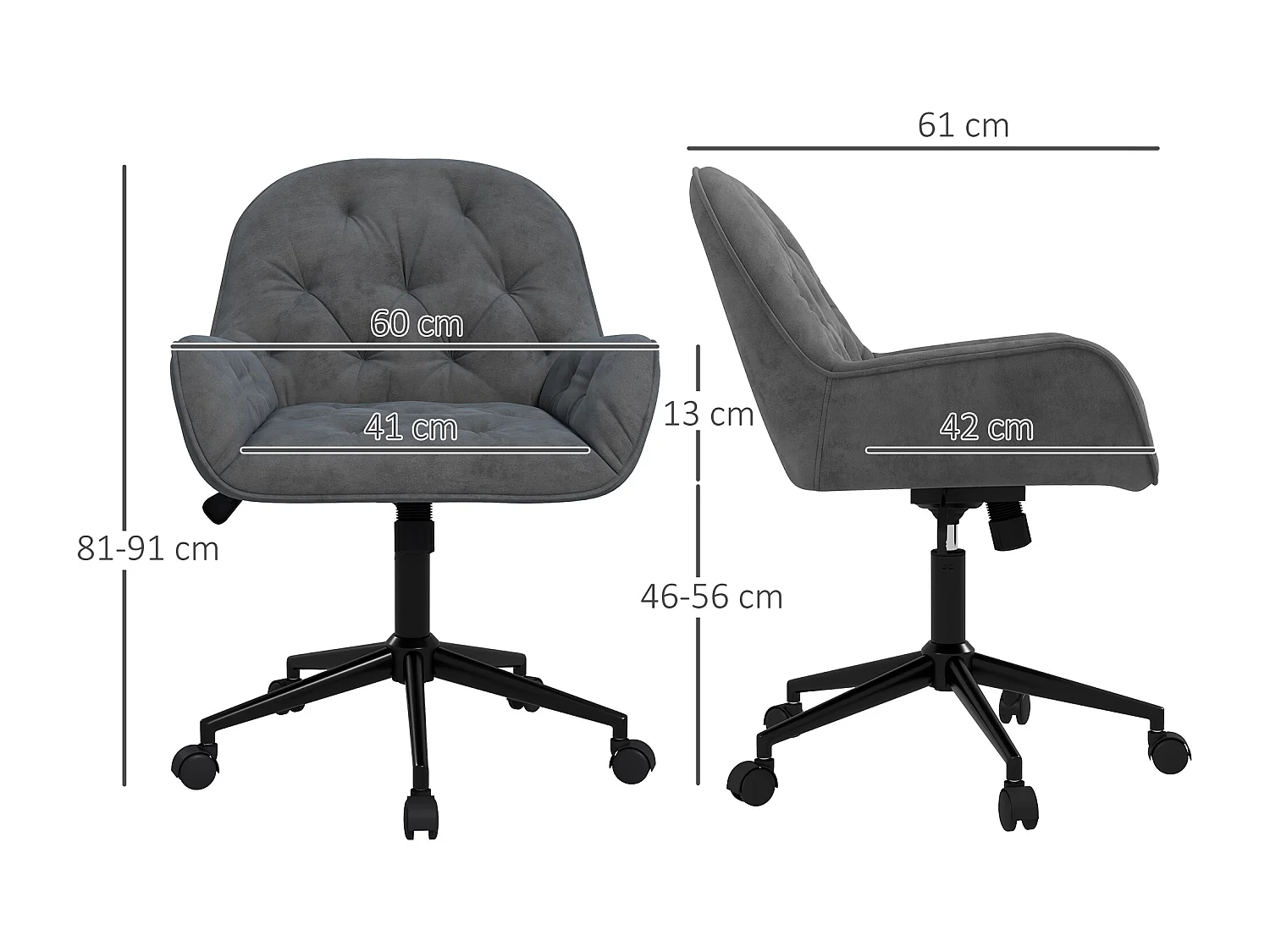 Chaise pivotante ergonomique, tissu velours, gris, réglable en hauteur (60x61x91 cm)