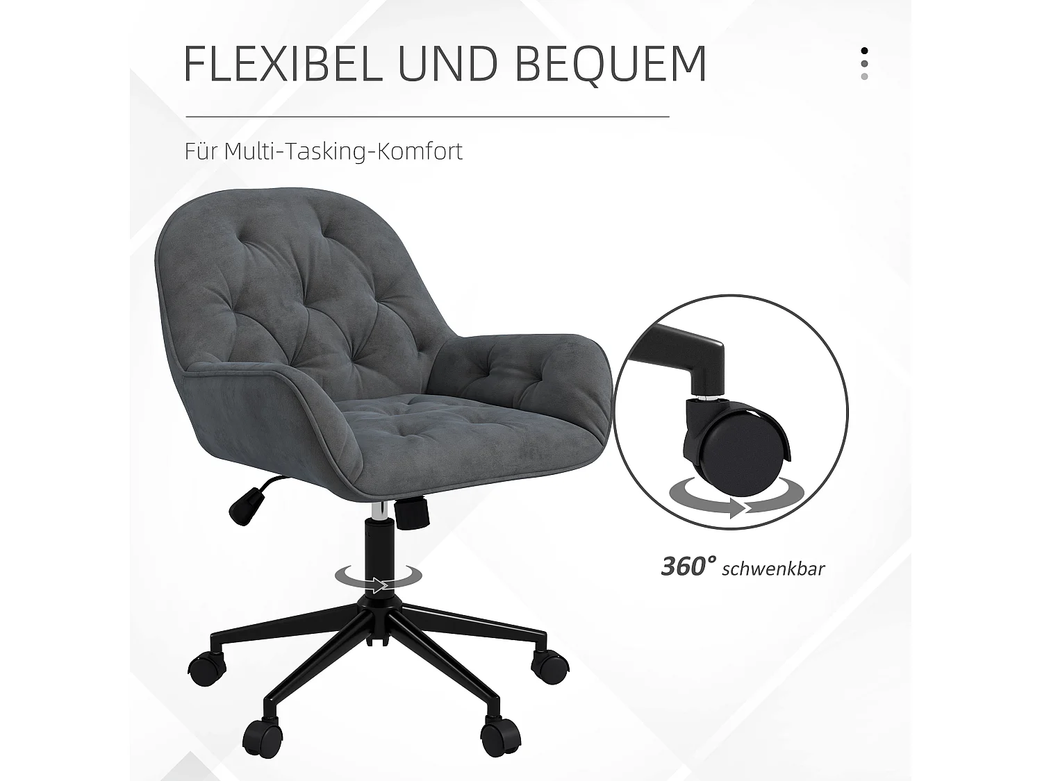 Chaise pivotante ergonomique, tissu velours, gris, réglable en hauteur (60x61x91 cm)