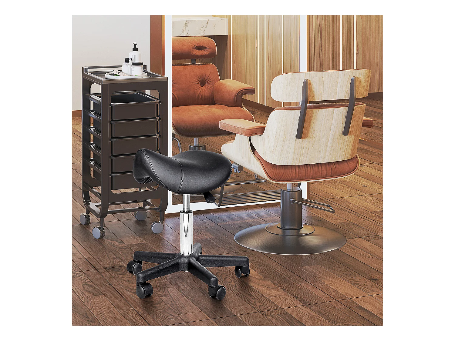 Tabouret roulant réglable, pivotant, en similicuir noir, avec roues (35x38x55 cm)