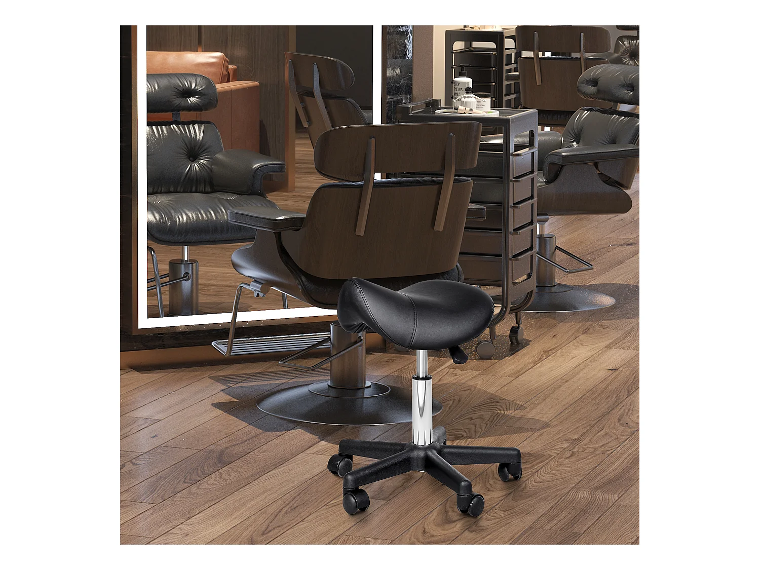 Tabouret roulant réglable, pivotant, en similicuir noir, avec roues (35x38x55 cm)