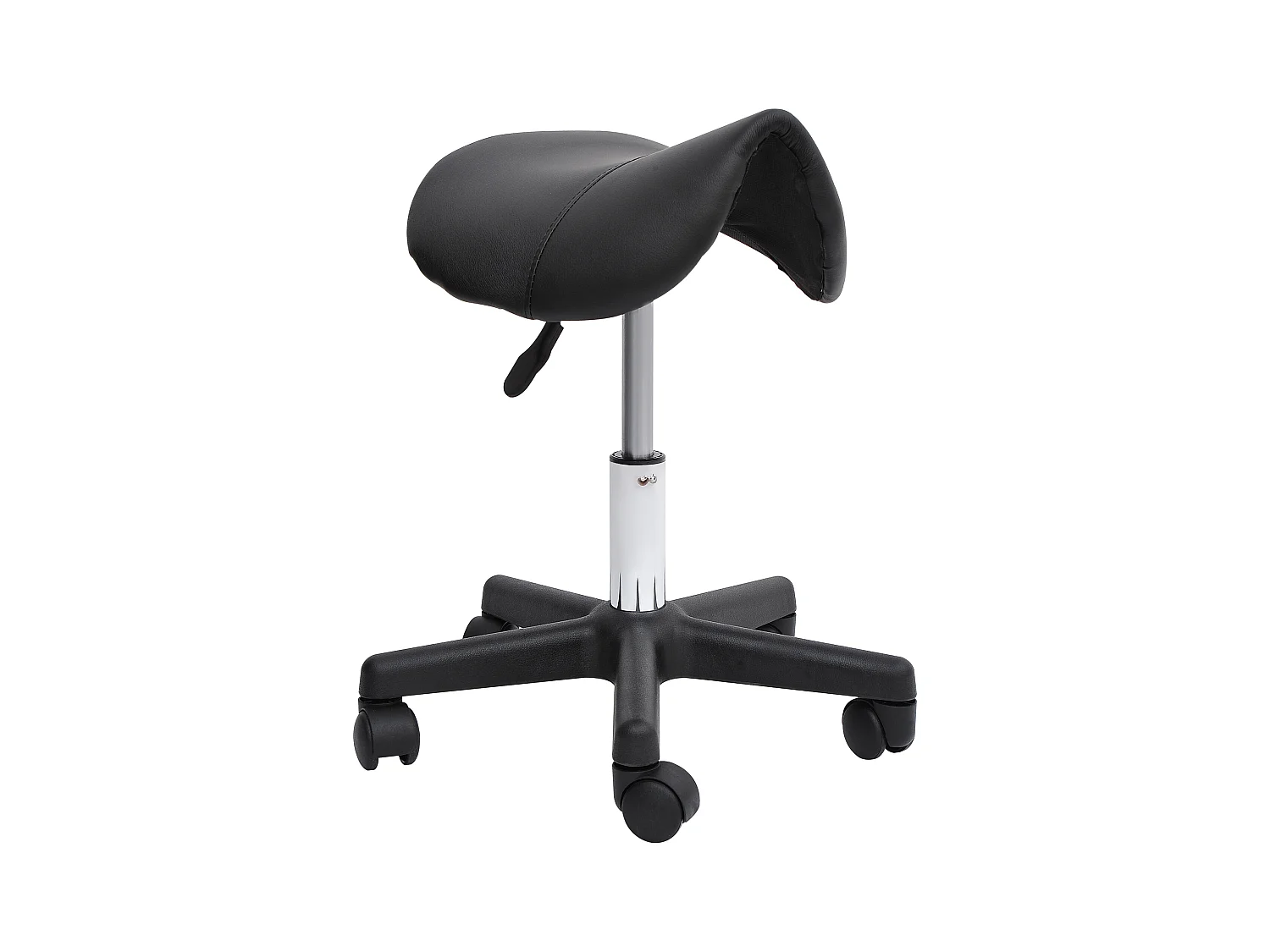 Sgabello girevole regolabile in similpelle nera con ruote (35x38x55 cm)