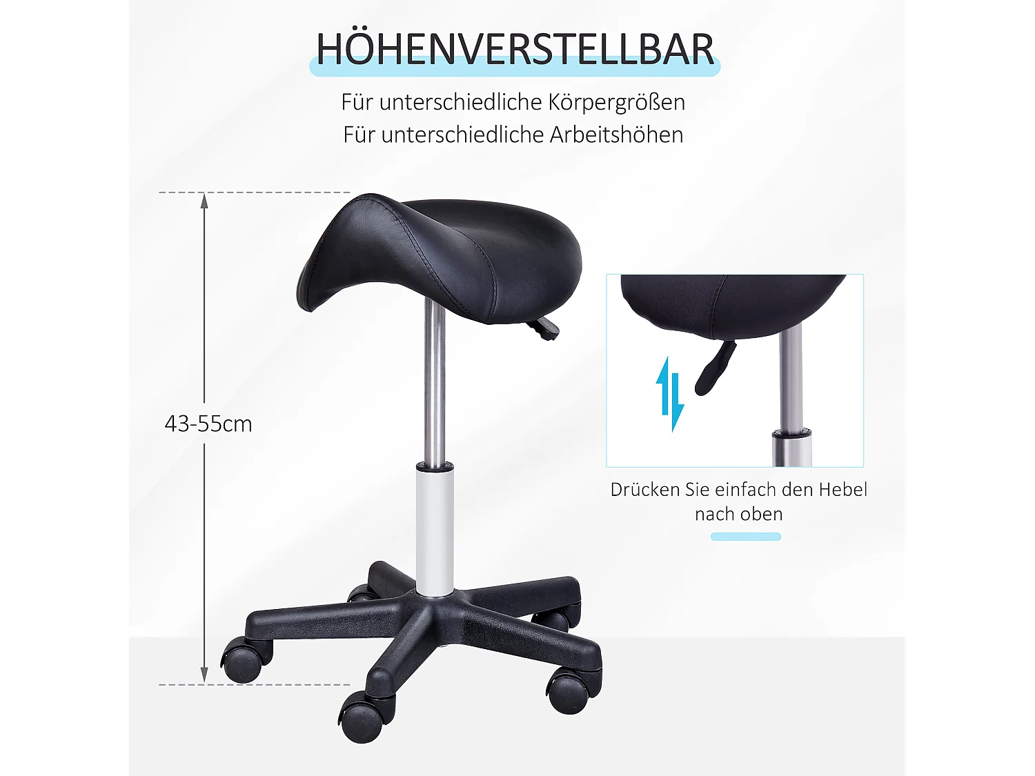 Tabouret roulant réglable, pivotant, en similicuir noir, avec roues (35x38x55 cm)