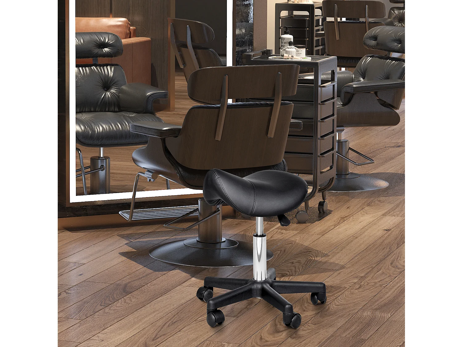 Tabouret roulant réglable, pivotant, en similicuir noir, avec roues (35x38x55 cm)