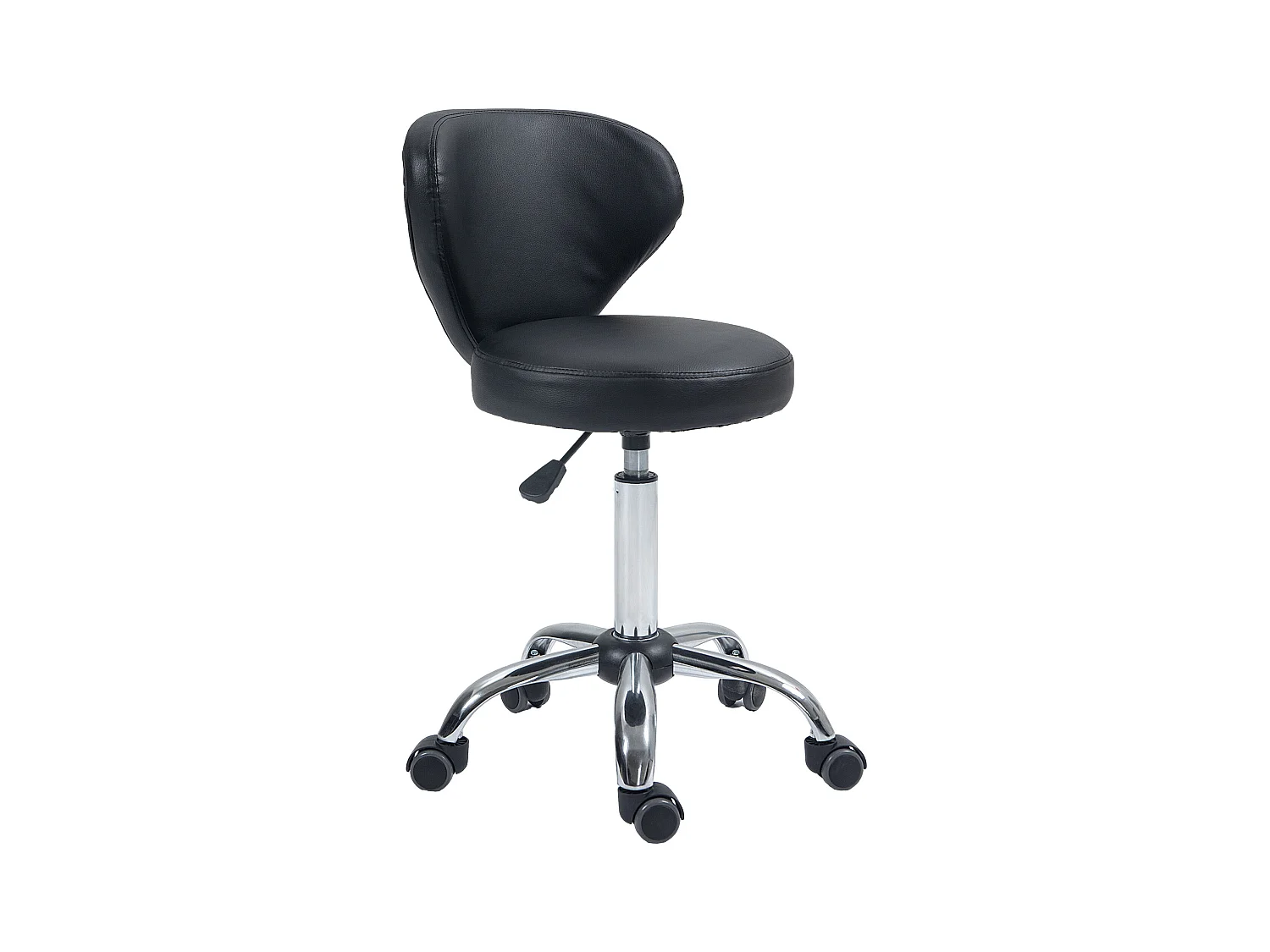 Tabouret roulant ergonomique avec dossier, hauteur réglable, cuir synthétique noir et métal chromé (54x45x88cm)