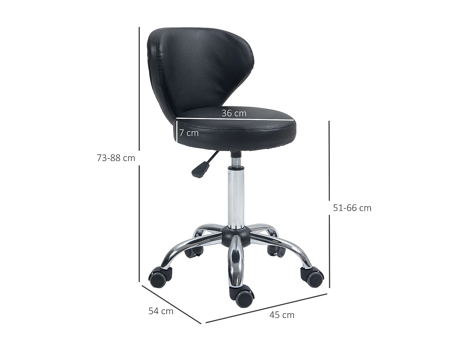 Tabouret roulant ergonomique avec dossier, hauteur réglable, cuir synthétique noir et métal chromé (54x45x88cm)