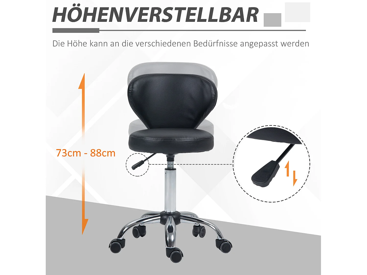 Tabouret roulant ergonomique avec dossier, hauteur réglable, cuir synthétique noir et métal chromé (54x45x88cm)