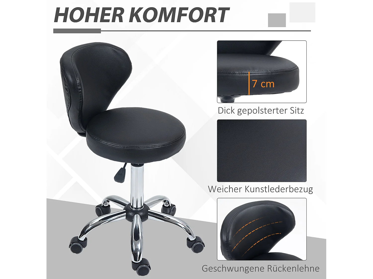 Tabouret roulant ergonomique avec dossier, hauteur réglable, cuir synthétique noir et métal chromé (54x45x88cm)