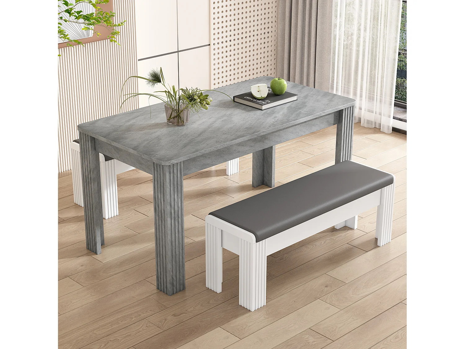 Moderne rechthoekige eettafel, spaanplaat, strak design, metalen poten, betonkleur (afmetingen niet gespecificeerd)