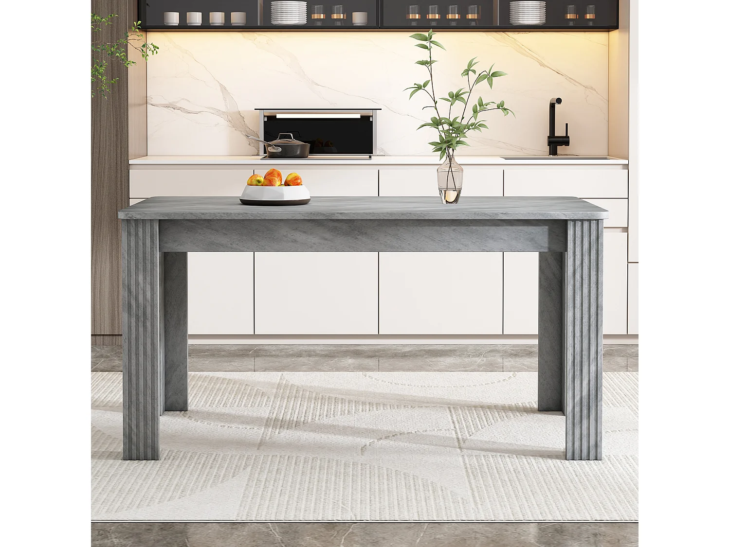 Table de salle à manger moderne, rectangulaire, bois de particules, design épuré, pieds métalliques, couleur béton