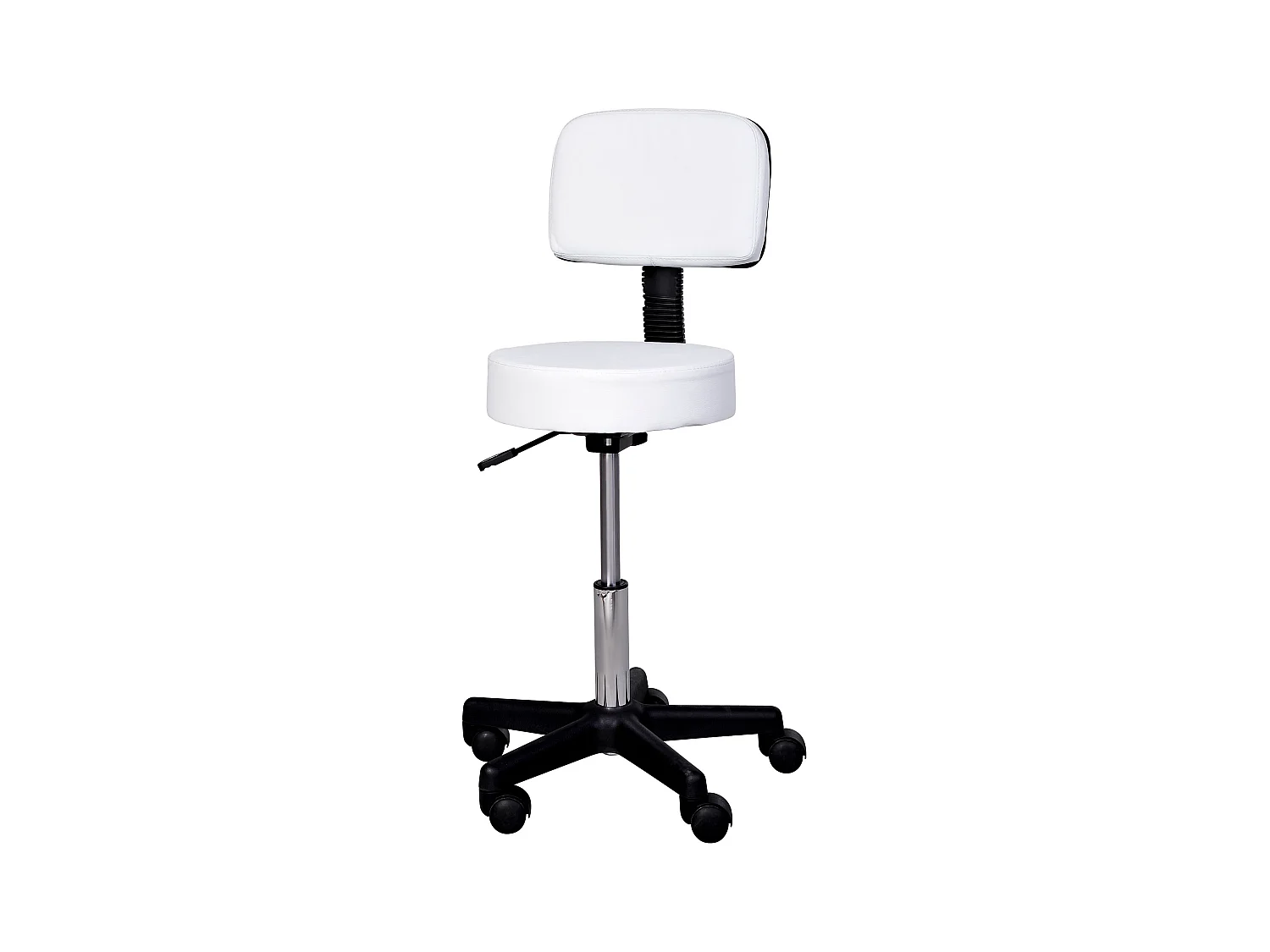 Tabouret de travail réglable avec dossier, roulettes pivotantes, cuir synthétique blanc (35x35x72-84cm)