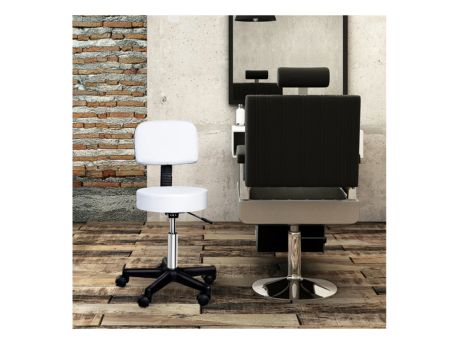 Tabouret de travail réglable avec dossier, roulettes pivotantes, cuir synthétique blanc (35x35x72-84cm)