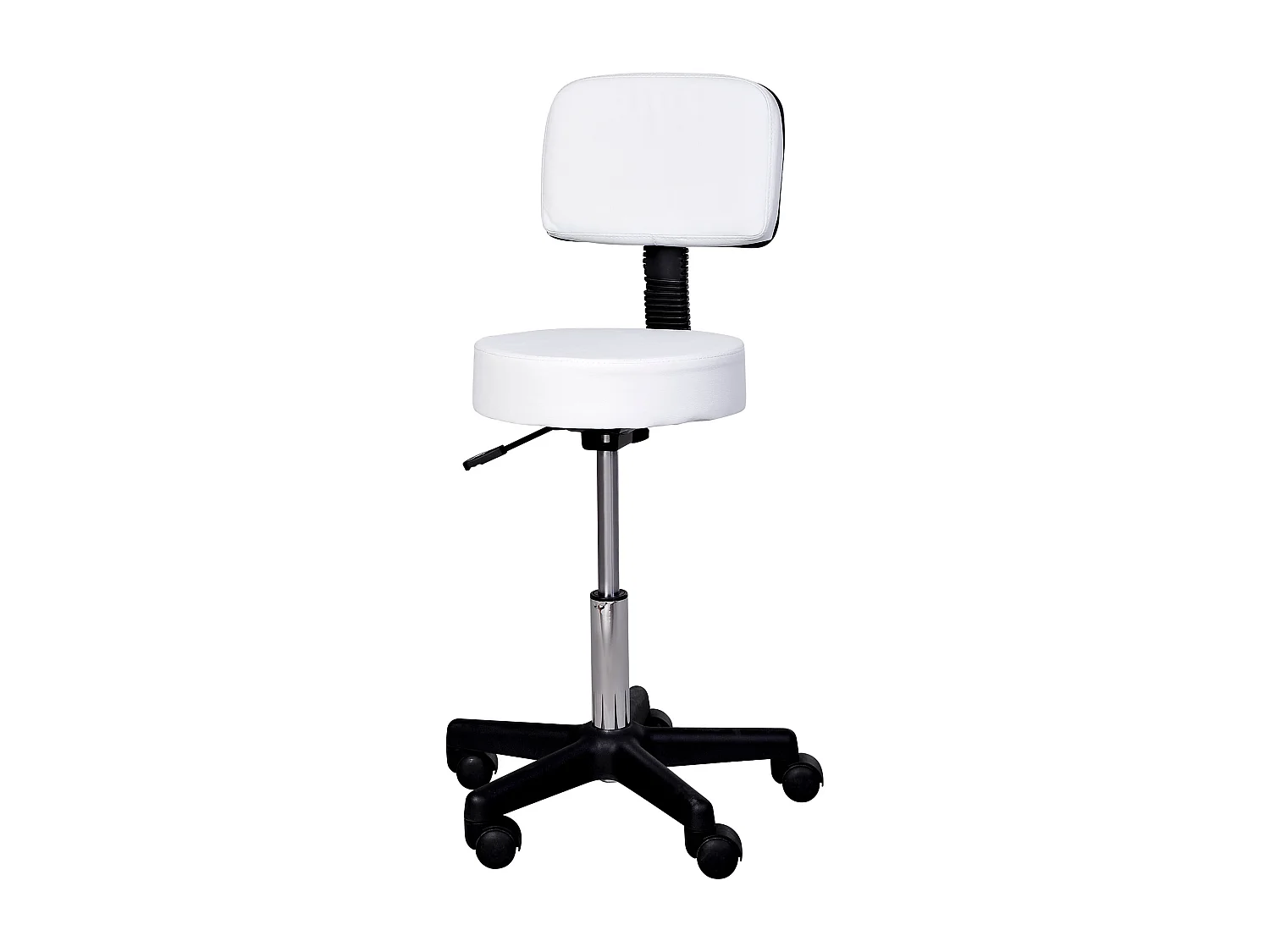 Tabouret de travail réglable avec dossier, roulettes pivotantes, cuir synthétique blanc (35x35x72-84cm)