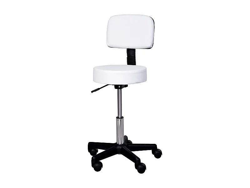 Taburete de trabajo regulable con respaldo, ruedas giratorias, piel sintética blanca (35x35x72-84cm)