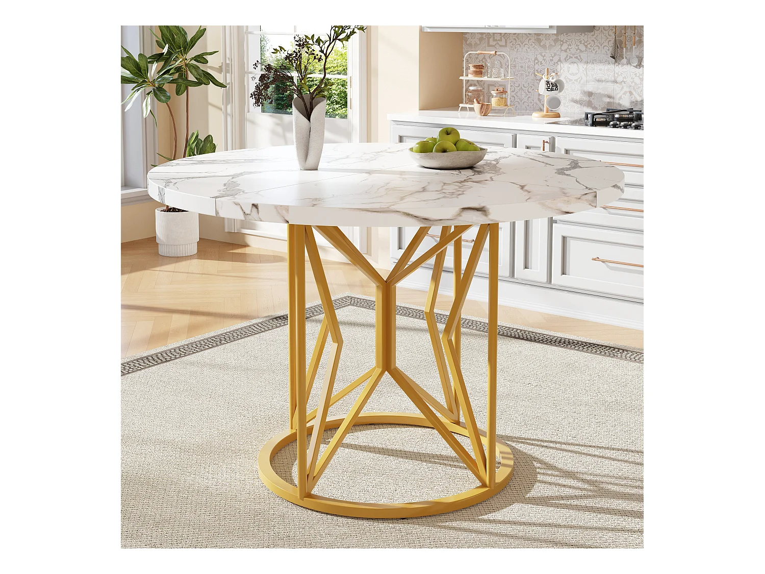 Table ronde pour salle à manger, MDF imitation marbre, pieds métalliques dorés, (100x100x76 cm)