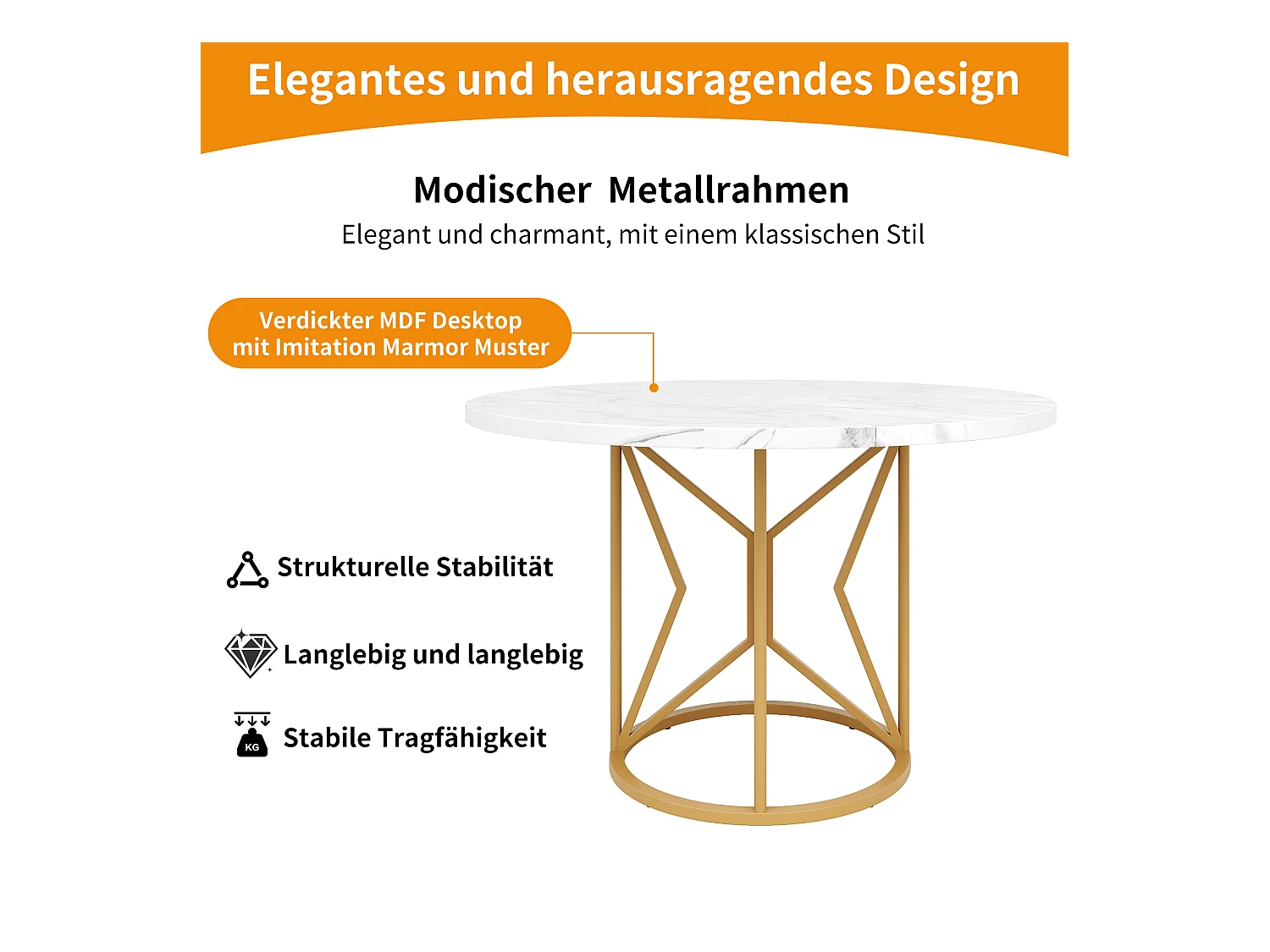 Table ronde pour salle à manger, MDF imitation marbre, pieds métalliques dorés, (100x100x76 cm)