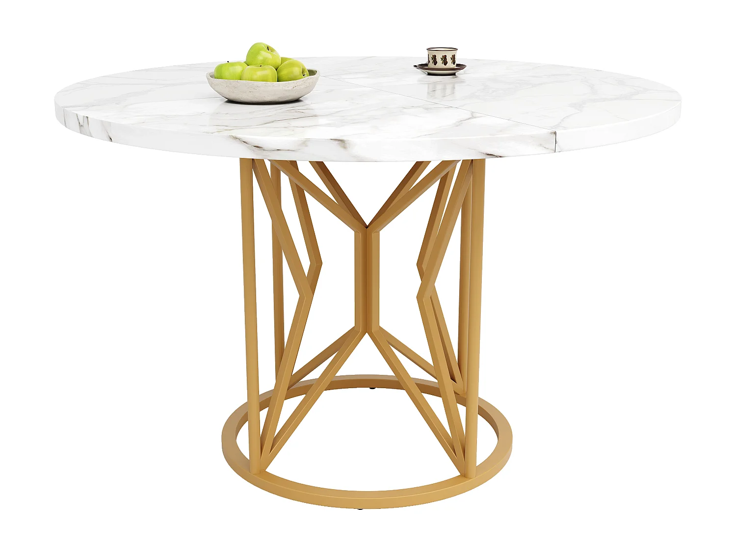 Table ronde pour salle à manger, MDF imitation marbre, pieds métalliques dorés, (100x100x76 cm)