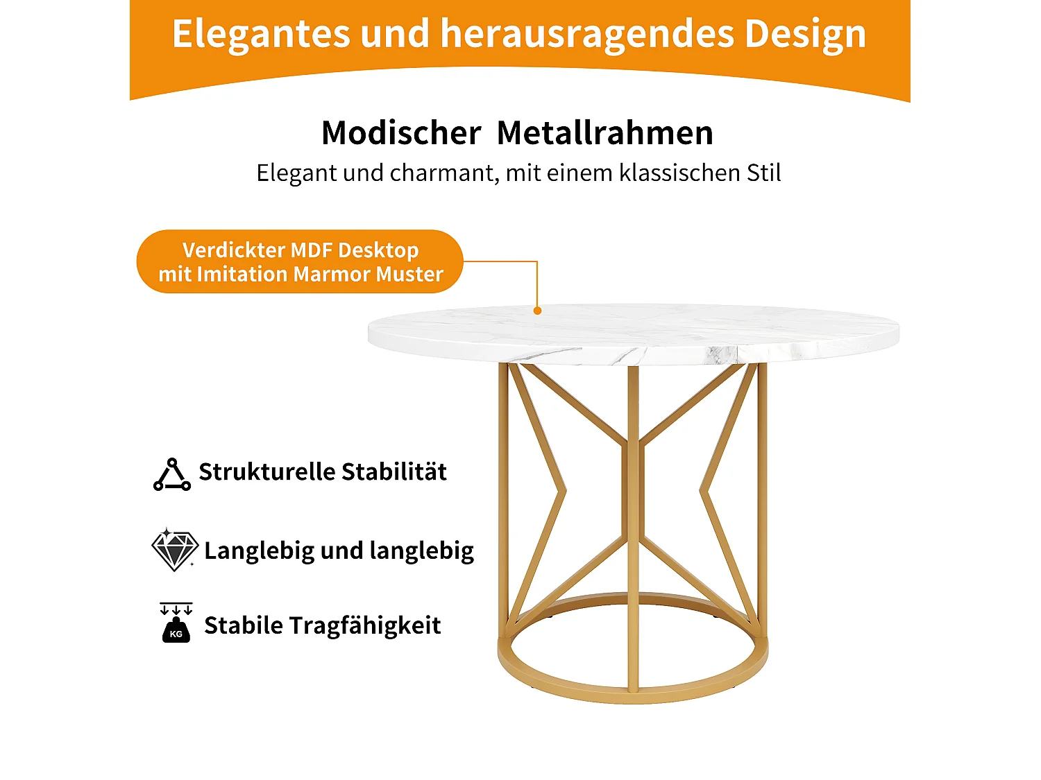 Table ronde pour salle à manger, MDF imitation marbre, pieds métalliques dorés, (100x100x76 cm)