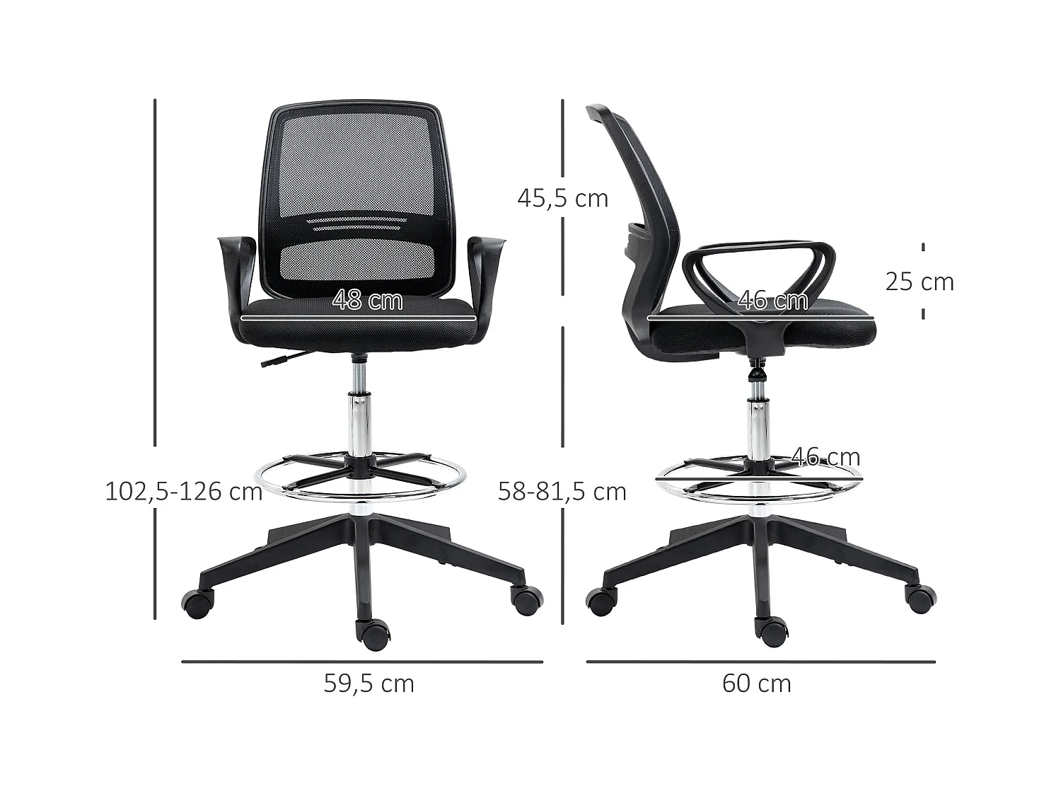 Ergonomische sta-kruk, in hoogte verstelbaar met voetensteun, metaal en zwart kunststof (59,5 x 60 x 102,5-126 cm)