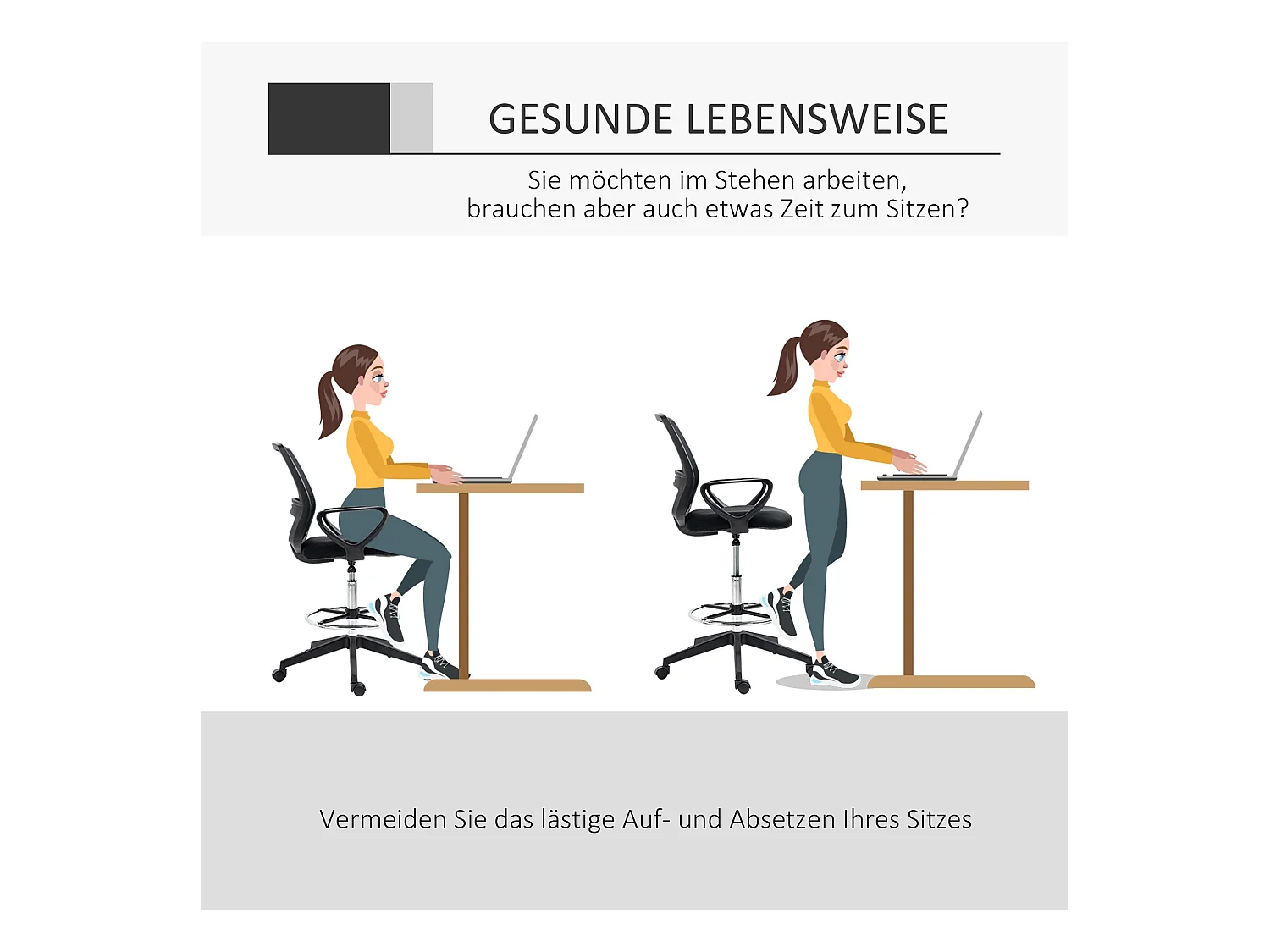 Ergonomische sta-kruk, in hoogte verstelbaar met voetensteun, metaal en zwart kunststof (59,5 x 60 x 102,5-126 cm)