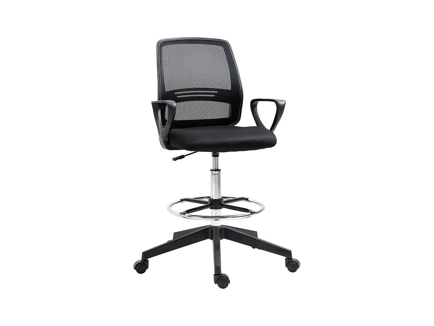 Sgabello ergonomico in piedi, altezza regolabile con poggiapiedi, metallo e plastica nera (59,5x60x102,5-126 cm)