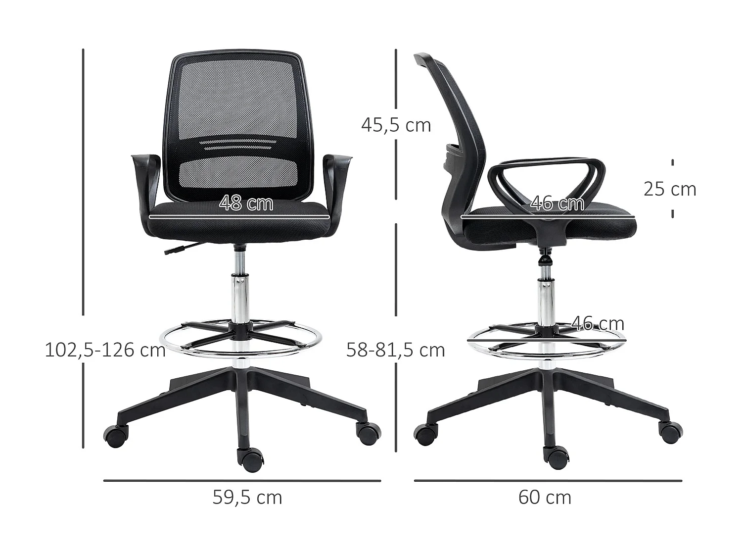 Tabouret debout ergonomique, hauteur réglable avec repose-pieds, métal et plastique noir (59.5x60x102.5-126cm)