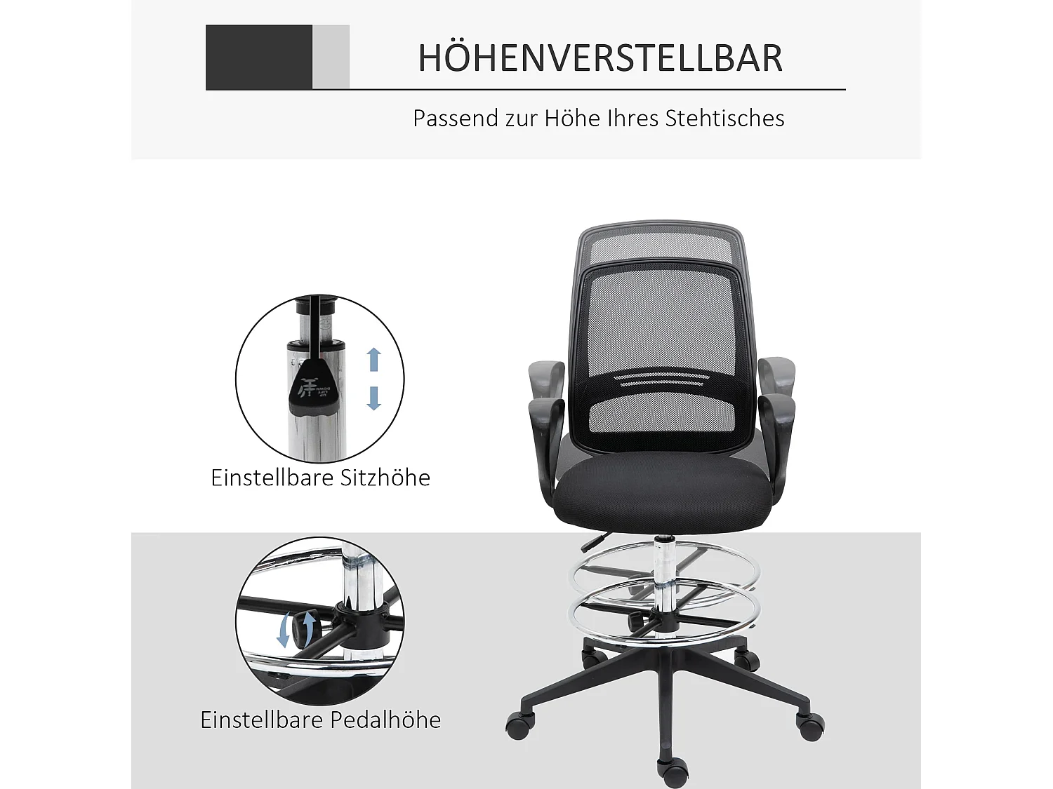 Tabouret debout ergonomique, hauteur réglable avec repose-pieds, métal et plastique noir (59.5x60x102.5-126cm)