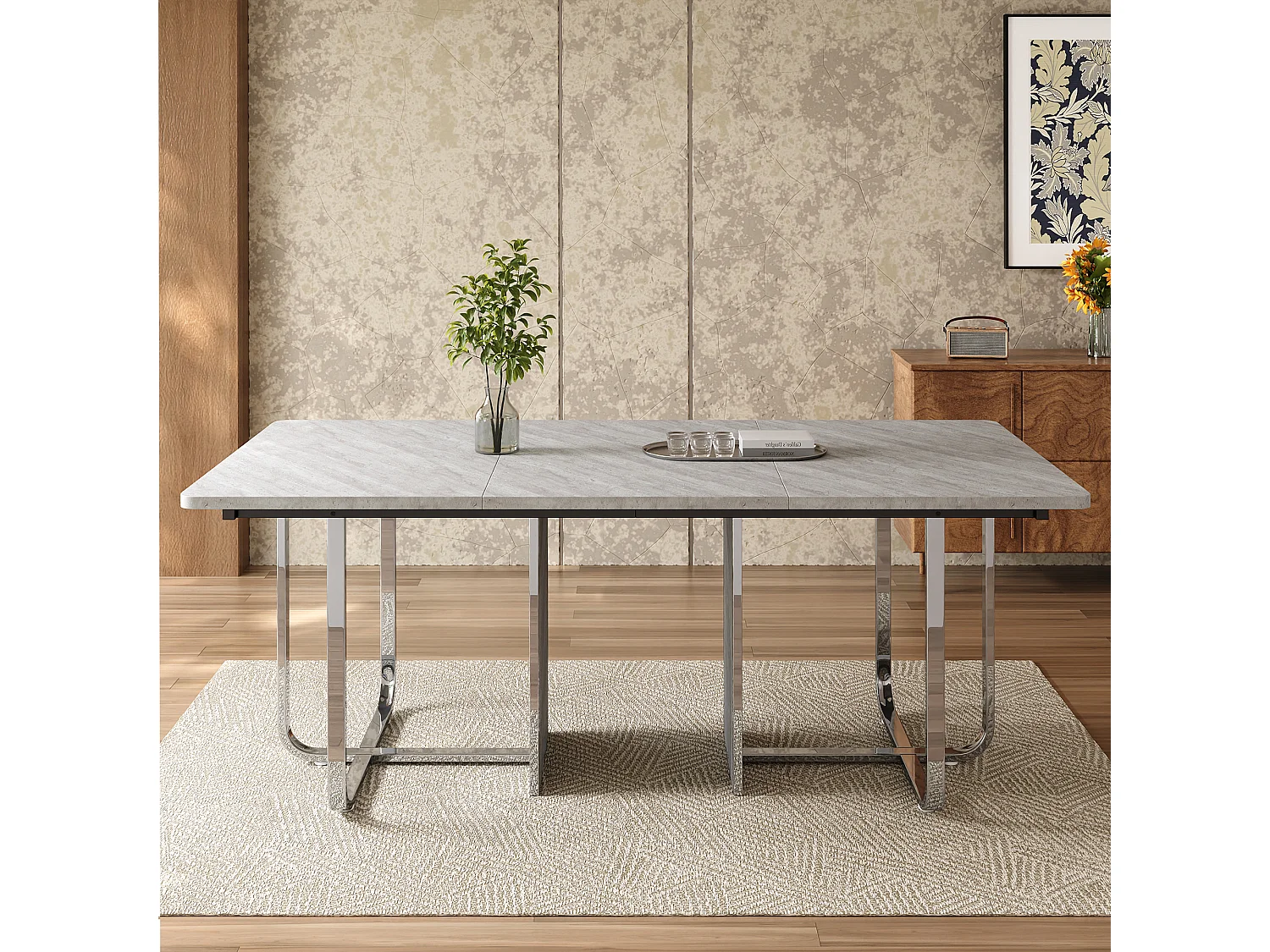 Eettafel, L180 x B80 x H75 cm, modern, met metalen poten, grote rechthoekige tafel voor 6 personen, grijs en zilver