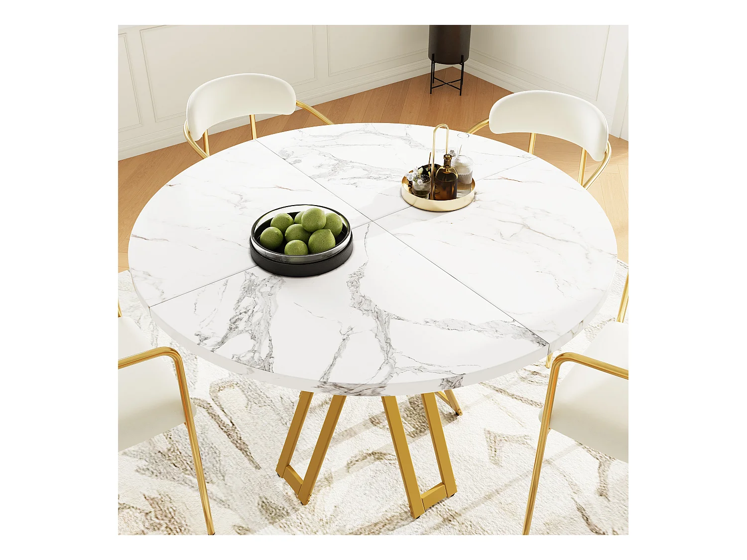 Table ronde pour salle à manger, pieds métalliques dorés, plateau MDF imitation marbre, (100x100x76 cm)