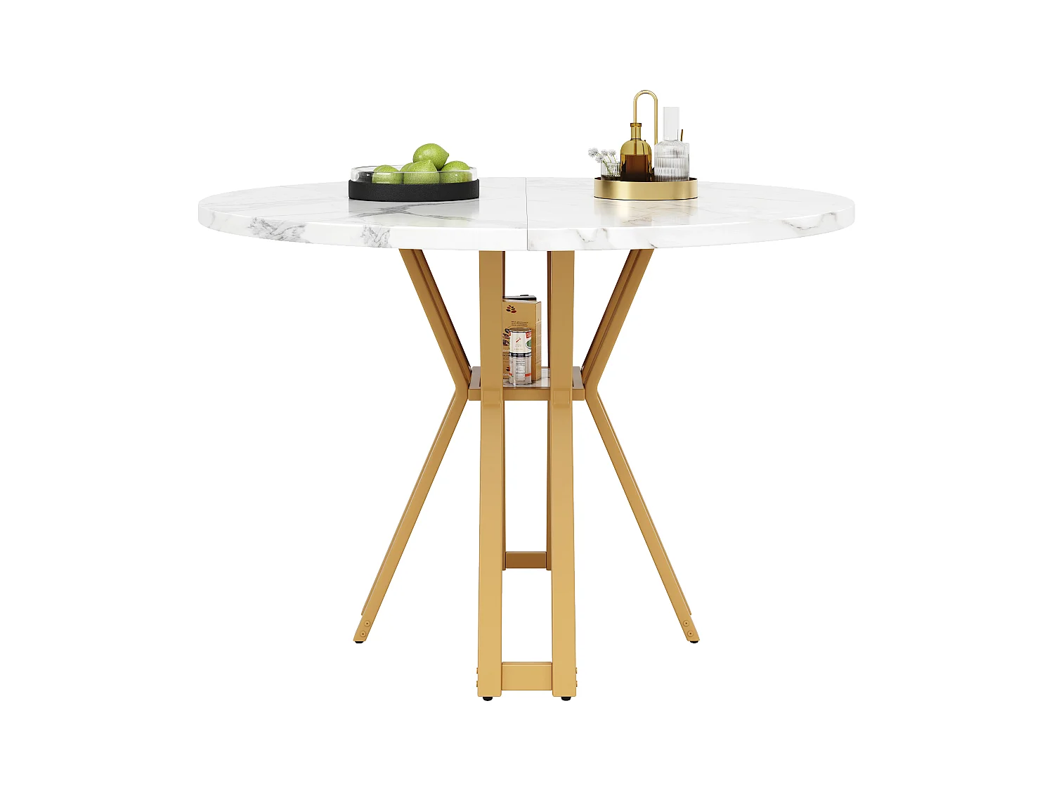 Ronde eettafel met poten van goudkleurig metaal en een MDF-blad met marmereffect (100x100x76 cm)