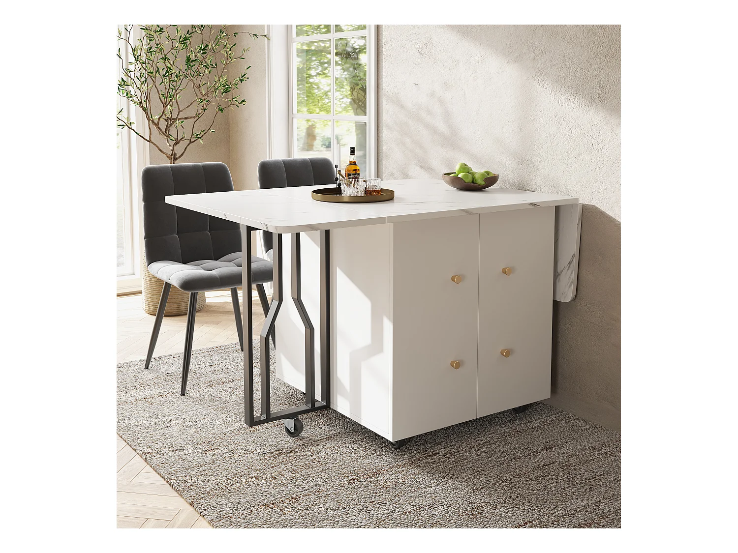 Table à Manger Portable avec Plateau Pliant Marbré, Grand Espace de Rangement, 6 Roues (2 Bloquables), Pieds Noirs en Métal (140x75x76.3 cm)