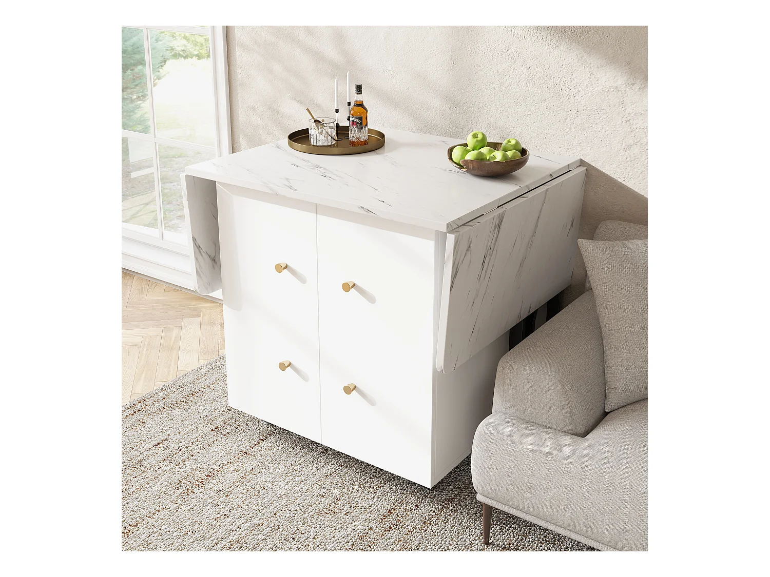 Table à Manger Portable avec Plateau Pliant Marbré, Grand Espace de Rangement, 6 Roues (2 Bloquables), Pieds Noirs en Métal (140x75x76.3 cm)