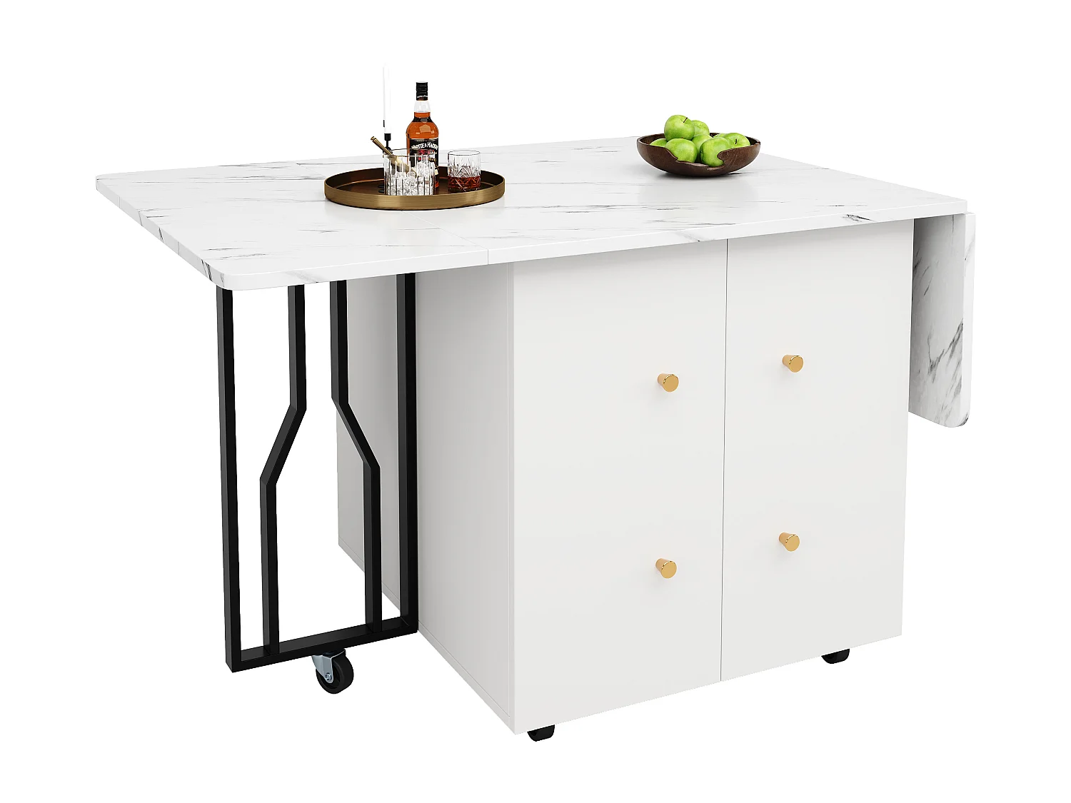 Table à Manger Portable avec Plateau Pliant Marbré, Grand Espace de Rangement, 6 Roues (2 Bloquables), Pieds Noirs en Métal (140x75x76.3 cm)