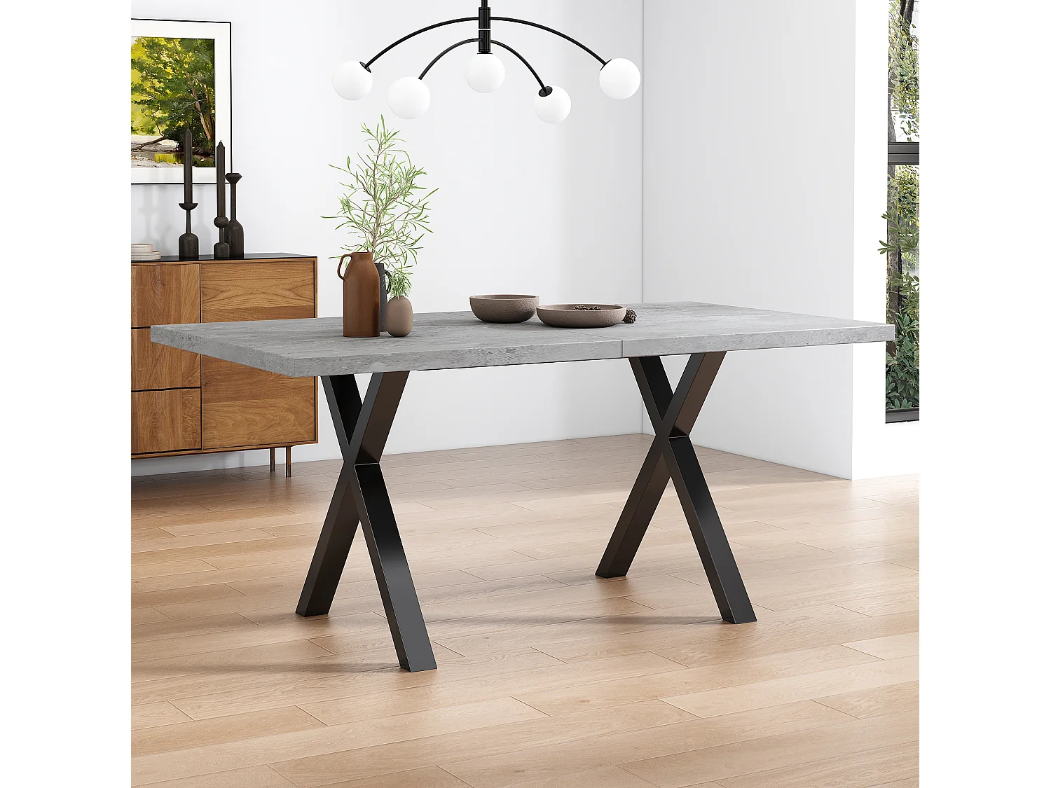 Mesa de comedor con patas cruzadas, diseño moderno, metal y MDF, gris hormigón y negro, L140 x W80 x H76 cm