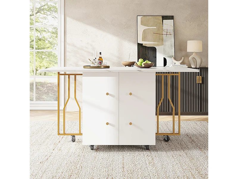 Mesa de comedor portátil, tablero plegable de mármol, con espacio de almacenamiento y 6 ruedas (2 con freno), patas de metal dorado (140 x 75 x 76,3 cm)